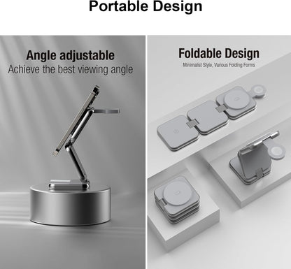 3 in 1 Charging Station for Apple Devices, Magnetic Foldable Wireless Charger, 15W Fast Charging for iPhone 12/13/14/15/16, Watches, and Earbuds, Compact Travel Design, Metal Frame