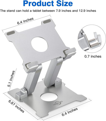 KABCON Quality Tablet Stand,Adjustable Foldable Eye-Level Aluminum Solid Up to 15-in Tablets Holder for Microsoft Surface Series Tablets,iPad Series,Samsung Galaxy Tabs,Amazon Kindle Fire,Etc.Silver