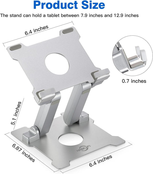 KABCON Quality Tablet Stand,Adjustable Foldable Eye-Level Aluminum Solid Up to 15-in Tablets Holder for Microsoft Surface Series Tablets,iPad Series,Samsung Galaxy Tabs,Amazon Kindle Fire,Etc.Silver