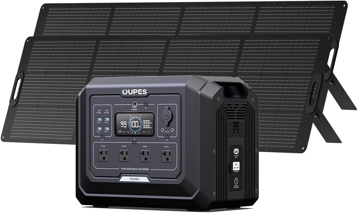OUPES 2000W Mega 1 Solar Generator Kit with 480W Panel Included (2×240W), 1024Wh LiFePO4 Battery Power Station with UPS & APP, for Home Backup, Blackout, 24/7 Off-Grid Power, Camping, RVs