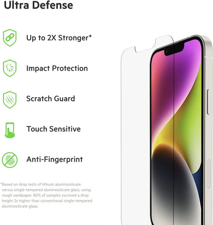 Belkin UltraGlass iPhone 14, iPhone 13 Pro Screen Protector - Easy Application with Installation Guide Tray - Crystal Clear Tempered Glass Screen Protector with AntiMicrobial-Treated Display