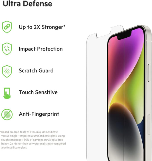 Belkin UltraGlass iPhone 14, iPhone 13 Pro Screen Protector - Easy Application with Installation Guide Tray - Crystal Clear Tempered Glass Screen Protector with AntiMicrobial-Treated Display