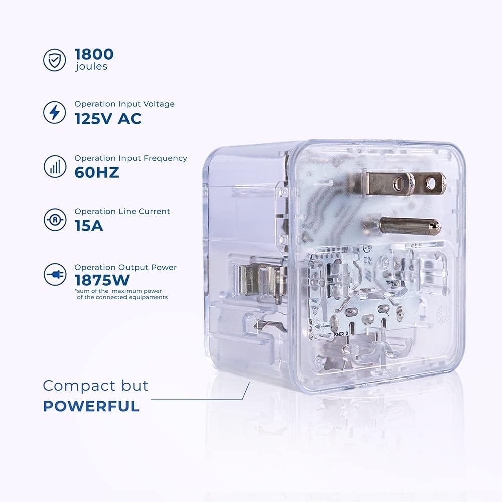 Clamper 3-Outlet Surge Protector 1800 Joules, 1875W, for TV, PC, Xbox, PS5, Refrigerators and Other Appliances (Compact Wall Surge Protector), iCLAMPER Power 3, 2-Pack Clear