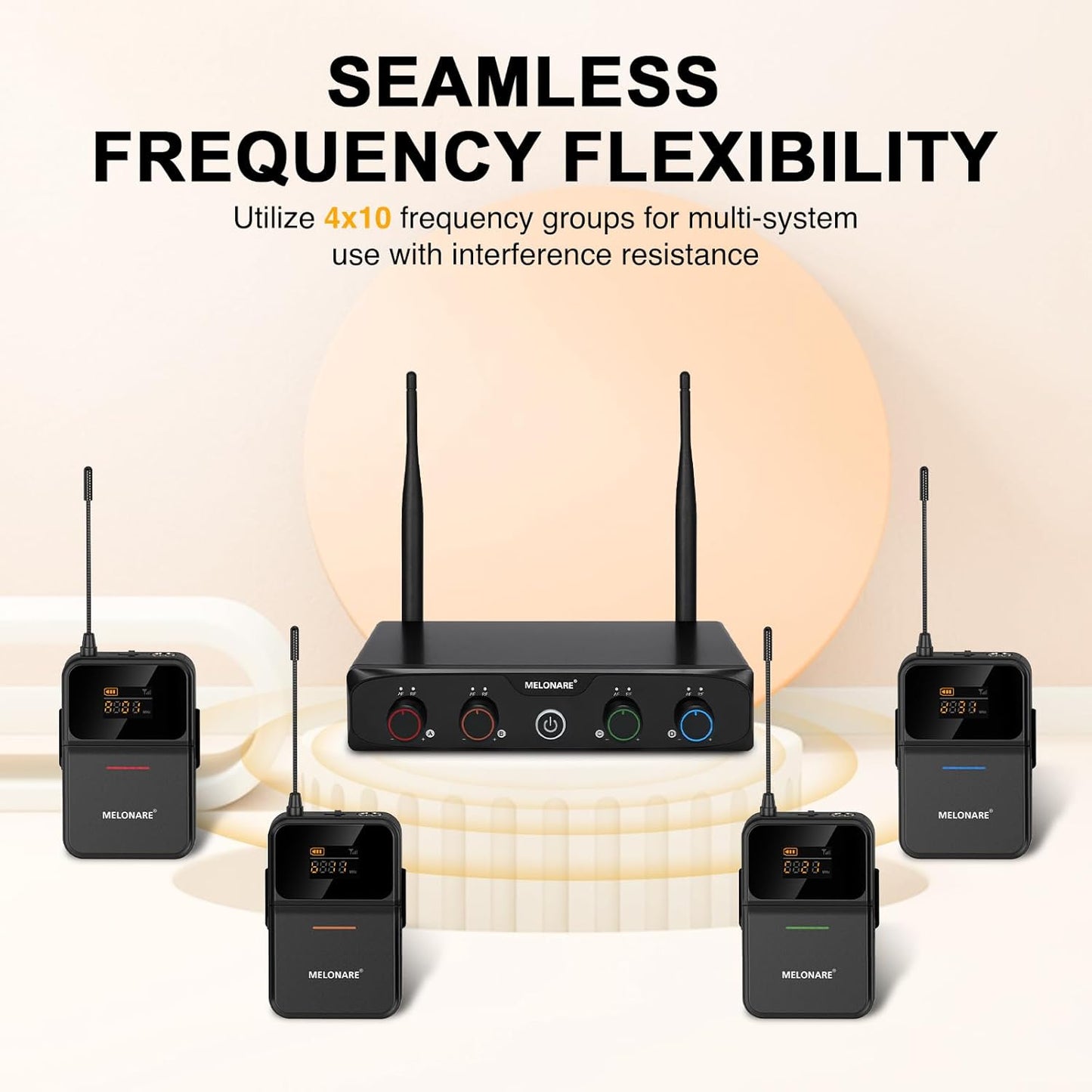 4-Channel Wireless Microphone System,UHF Compact Cordless Mic Set w/ 4x10 Frequencies, 200ft Range, 4 Bodypacks & Headset/Lapel Microphones for Singing, Church, Conference (MWM-41-4B)