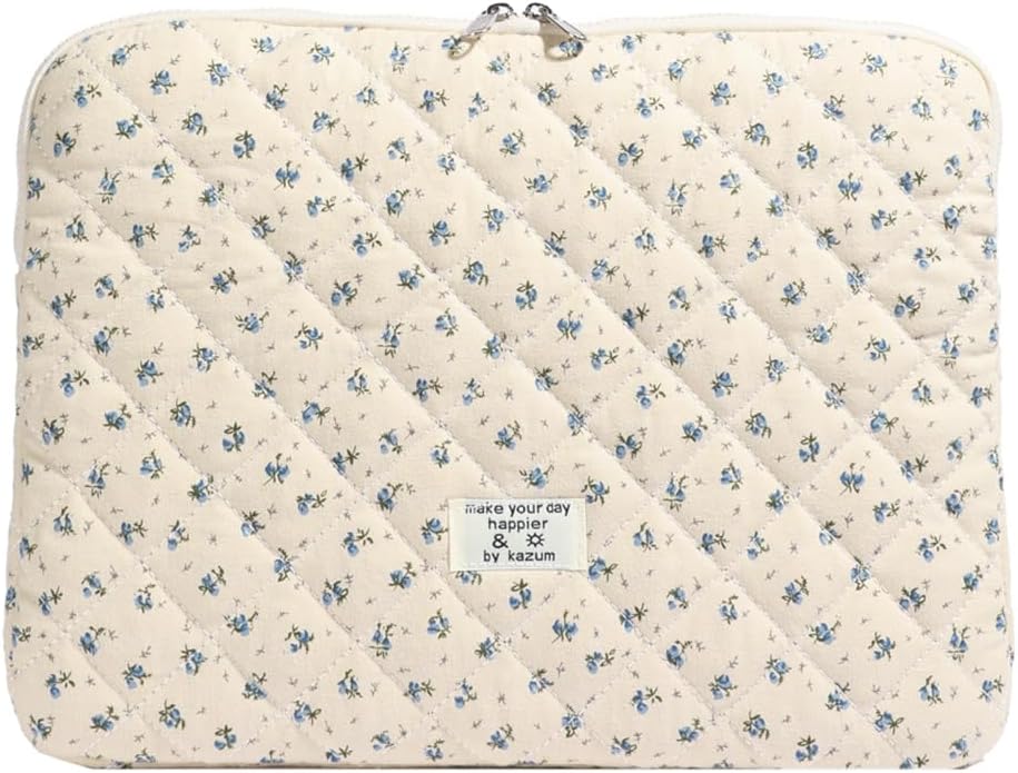 Puffy Laptop Sleeve 13-15.6 Inch Cute Quilted Laptop Protective Case Padded Floral Computer Sleeve for MacBook (A-Blue, 13 Inch)