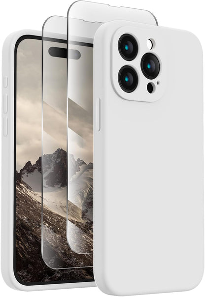 FireNova Designed for iPhone 15 Pro Case, Silicone Upgraded [Camera Protection] Phone Case with [2 Screen Protectors], Soft Anti-Scratch Microfiber Lining Inside, 6.1 inch, White