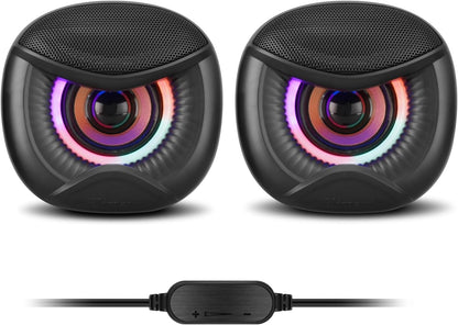 USB Powered Computer Speakers with RGB Colorful Lighting 2.0 Stereo Sound System, Headphone Jack, Plug and Play, Works with PC/Laptop (USB-C Adapter Included)