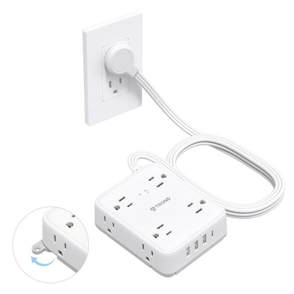 TROND Surge Protector Power Strip with USB, Ultra Thin Flat Plug 5ft Extension Cord 1625W, 3 USB A & 1 USB C, 8AC Outlets 1440J Surge Protection Wall Mount for Home Office Dorm Room Essentials, White