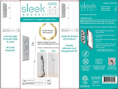 Sleek Socket Original & Patented Ultra-Thin Outlet Concealer with Cord Concealer Kit, Flat Extension Cord with Multi Outlets Power Strip, Ideal for Home Improvement, Hide Bulky and Messy Cords