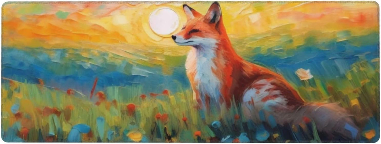 Gaming Mouse Pad, Large Non-Slip Rubber Base Mousepad, Keyboard Mouse Mat, Desk Pad with Stitched Edges, 31.5x11.8inch, Fox