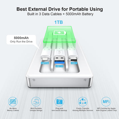 ySky Portable External Hard Drive for iPhone iPad MacBook Computer,1TB Photo Stick USB Storage Device for Memory Extension of iOS & USB C Android Phones& Windows PC【MFi Certified,One-Touch Backup】