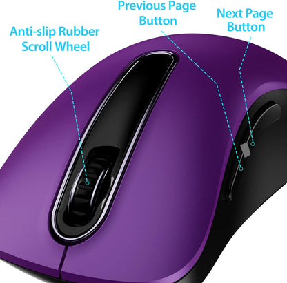 memzuoix 2.4G Wireless Mouse, 1400 DPI Computer Mice with USB Receiver, Portable Wireless USB Mouse Battery Powered Cordless Mice for Laptop, PC, Desktop, 5 Buttons, Purple