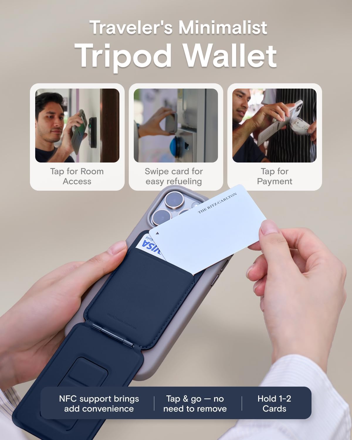 MOFT Phone Tripod Wallet for iPhone, Mulit-Angles, Lightweight & Portable Phone Stand, MOVAS Vegan Leather Magnetic Wallet, Strong Magnets, NFC Card Holder,Travel Essential, Navy Blue (With Card Slot)