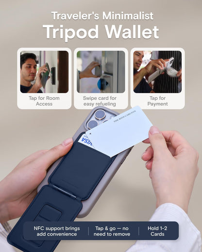 MOFT Phone Tripod Wallet for iPhone, Mulit-Angles, Lightweight & Portable Phone Stand, MOVAS Vegan Leather Magnetic Wallet, Strong Magnets, NFC Card Holder,Travel Essential, Navy Blue (With Card Slot)
