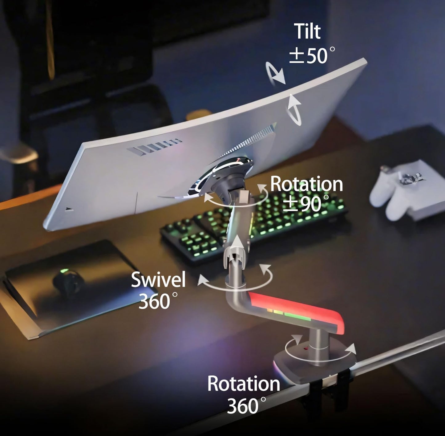 RGB Gaming Monitor-Arm for Flat/Ultrawide/Curved Monitors 32 to 60 inch, Heavy Duty Stand Load up to 20 kg, VESA 75/100 mm Monitor-Mount L50