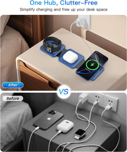 Charging Station for Apple Devices - 3 in 1 Magnetic Foldable Wireless Charger Dock - Travel Charging Pad for MagSafe iPhone 16 15 14 13 12 Pro Max Plus Watch & Airpods