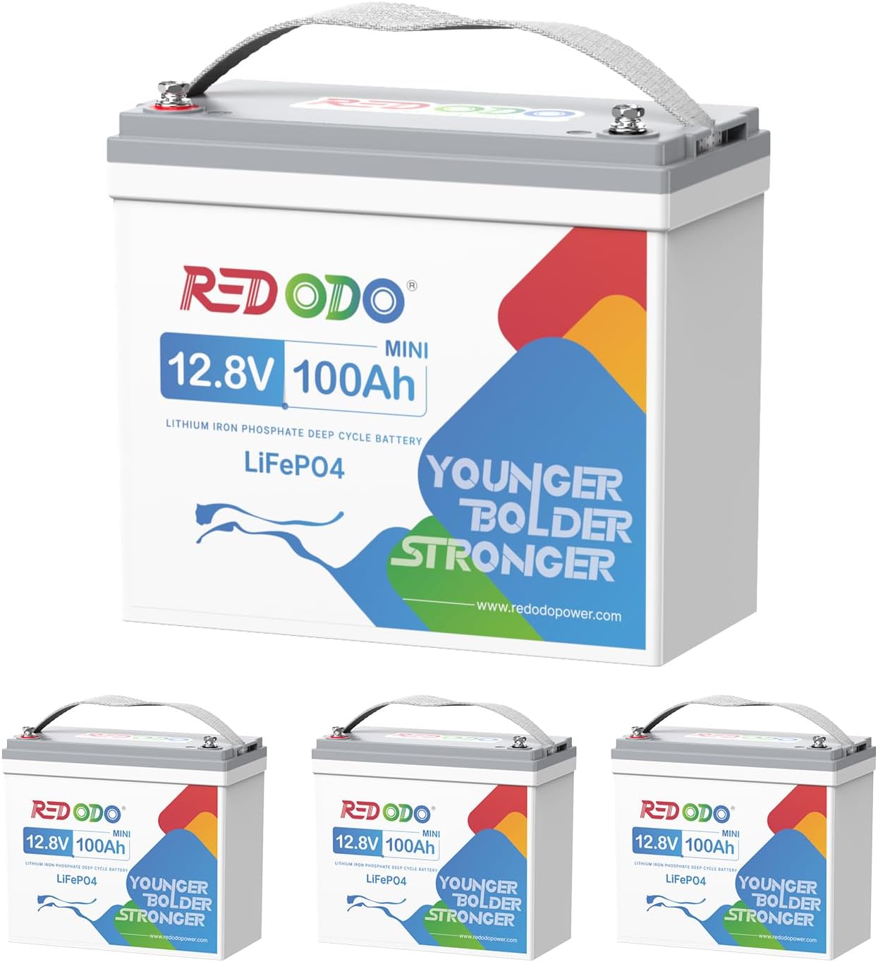 Redodo 4 Pack 12V 100Ah Mini LiFePO4 Lithium Battery, 1280Wh Deep Cycle Battery with Upgraded 100A BMS, 4000-15000 Cycles, Perfect for Boat, Solar Home, RV, Off-Grid, Trolling Motor