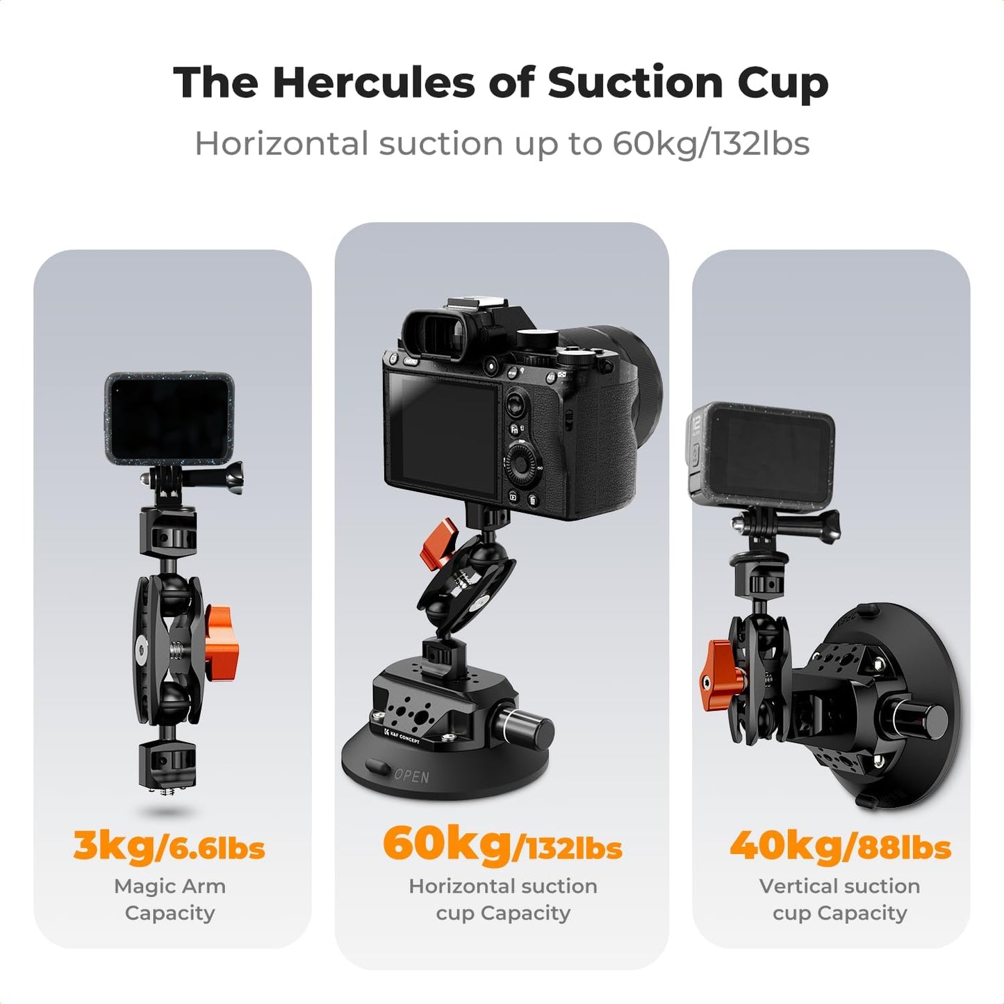 K&F CONCEPT 4.5" Suction Cup Camera Mount with Magic Arm, ARRI Style 1/4" 3/8" Threads, Quick Release Car Mount Compatible with Gopro DJI Insta360 for DSLR Action Camera Phone Video Shooting