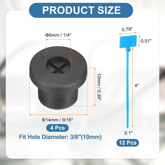 uxcell 4Pcs Cable Cord Grommet, 3/8"(10mm) Rubber Desk Grommets Wire Pass Through Hole Cover with Marked Cable Ties for Home Office Cable Wire Protection, Black