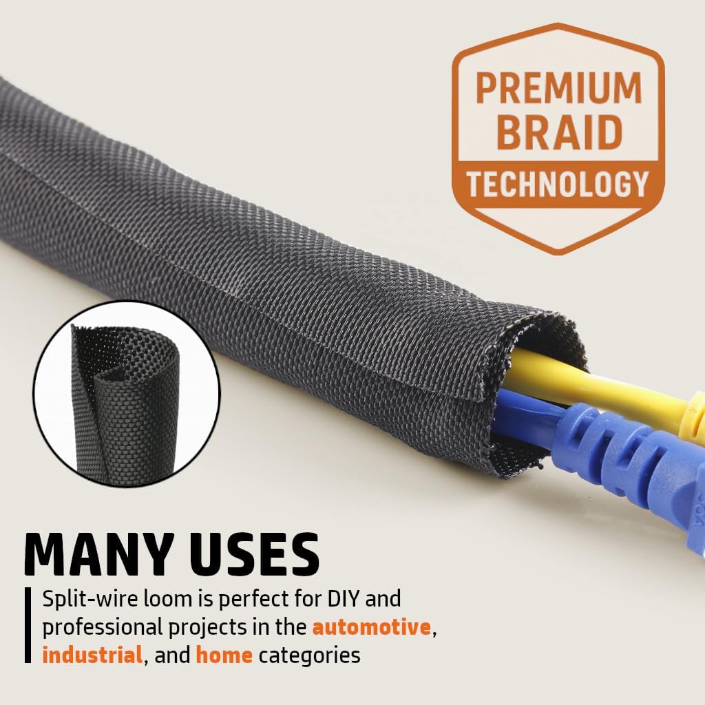 MGI SpeedWare Woven Mesh Split-Sleeve Wire Loom for High-Temperature Automotive Harness and Home Cable Management - 25 feet (1/2")