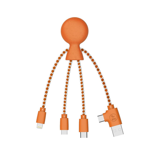 Multi USB Cable 4 in 1 - Universal Charger Made from Recycled Plastic - USB, USB-C, Lighting, Micro USB Ports - Compatible with All Smartphones Mr Bio Blue Octopus (Orange)