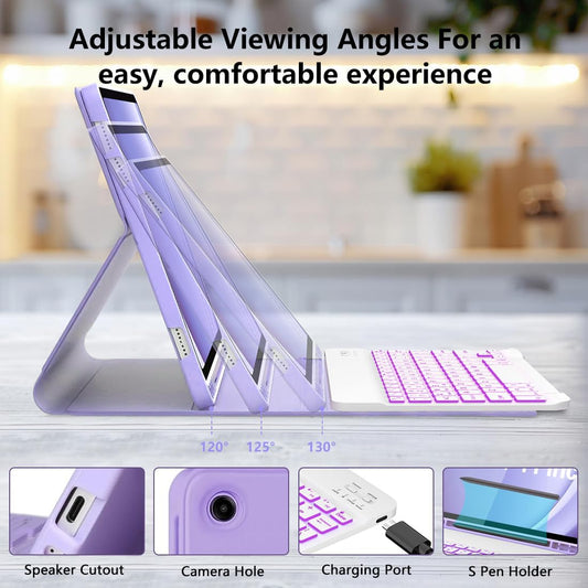 Keyboard Case for Samsung Galaxy Tab A9 Plus 5G 11 inch 2023 (SM-X210/X216/X218), 7 Color Backlit Detachable Keyboard Bluetooth, Smart Folio Cover with S Pen Holder for Galaxy Tab A9+ 11"(Purple)