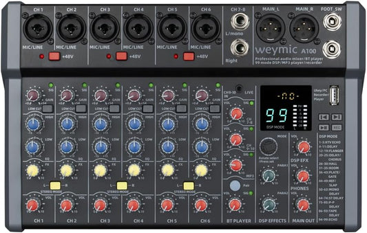 A-Series Professional Mixer for Recording DJ Stage Karaoke Music Application w/USB Drive for Computer Recording Input, XLR Microphone Jack, 48V Power, RCA Output for Professional (10-Channel)