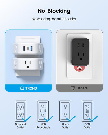 TROND Multi Plug Outlet Extender with USB - 2 Pack Wall Splitter, 3 Way Angled Outlet Adapter, Cruise Essentials, Small Multiple Expander for Cruise Ship Travel Home Office Dorm Room