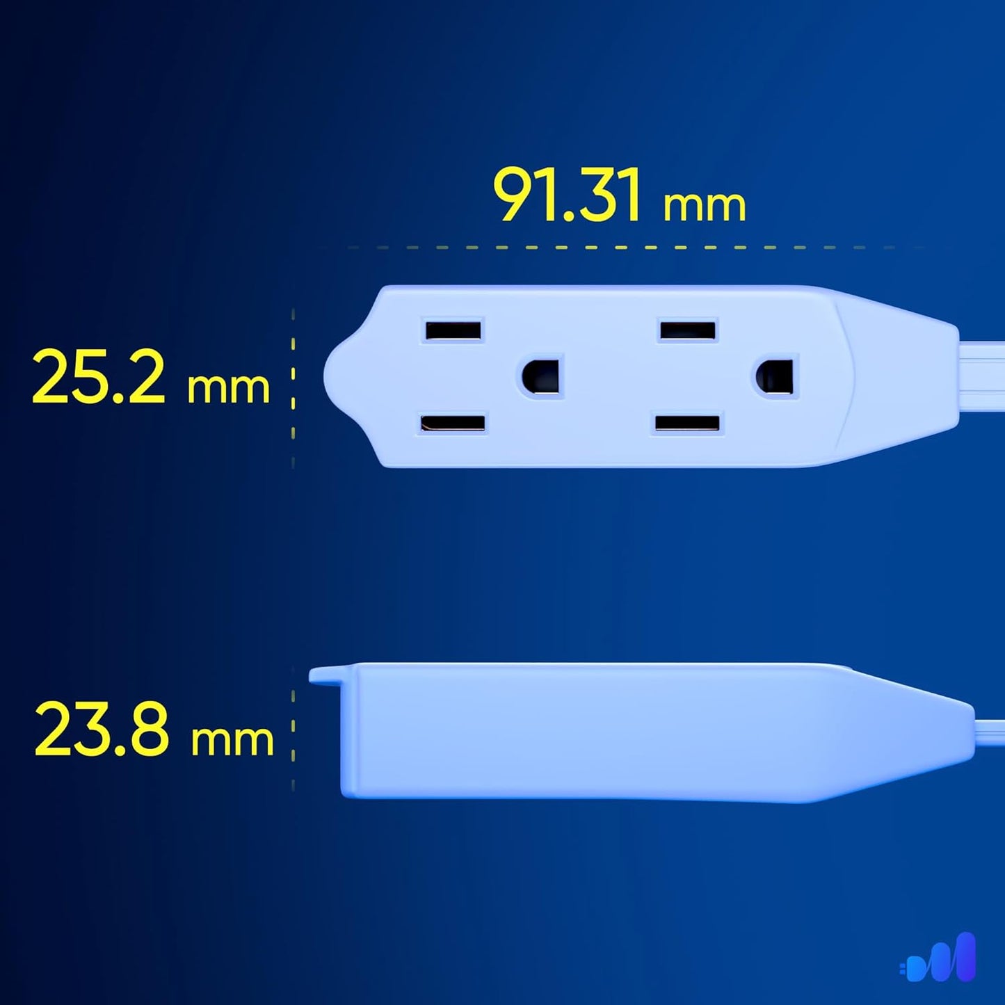 Maximm Cable 1 Ft 360° Rotating Flat Plug Extension Cord/Wire, 16 AWG Multi 3 Outlet Extension Wire, 3 Prong Grounded Wire - White - UL Certified