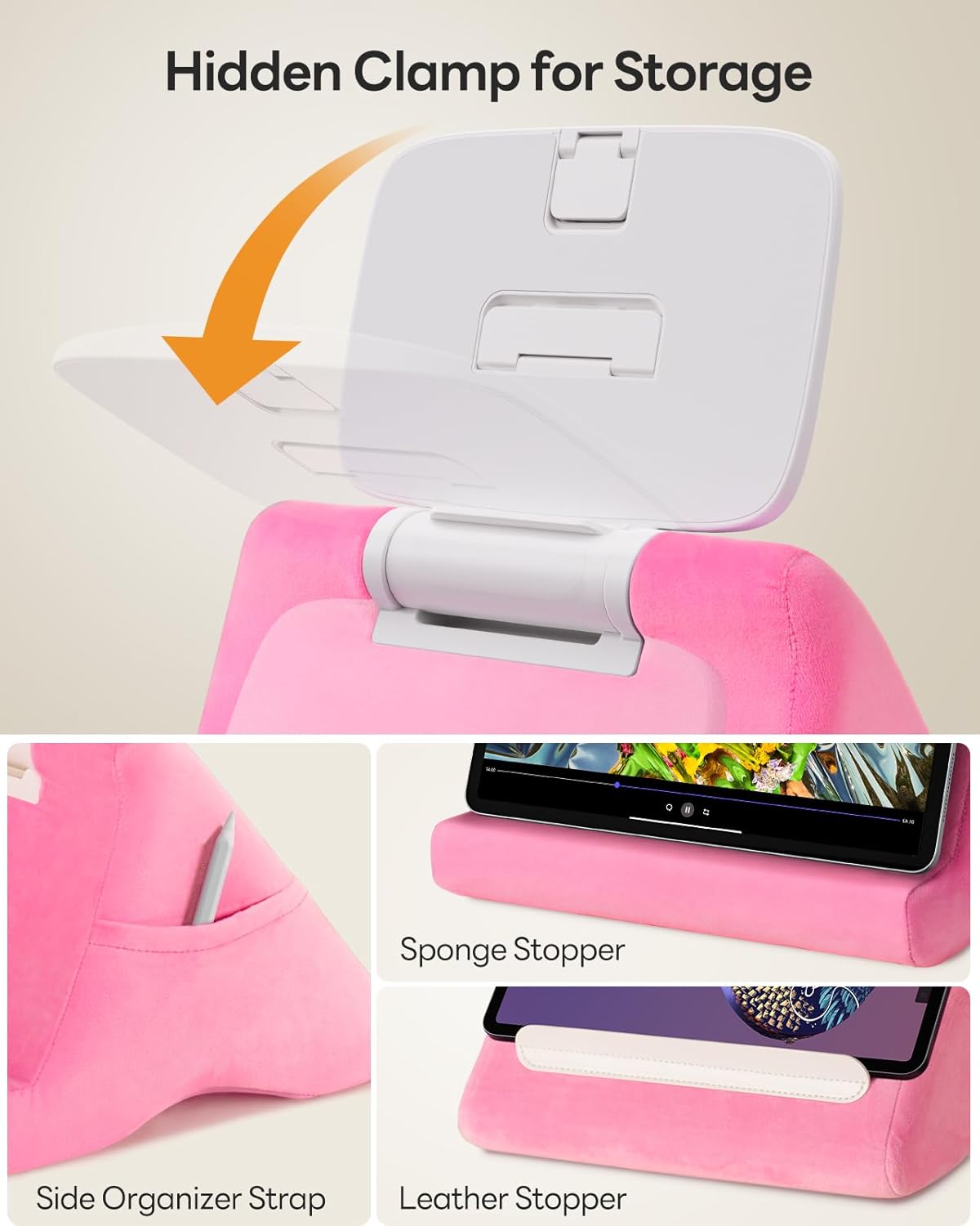 SAIJI Tablet Kindle Stand Pillow - iPad Holder for Lap Reading in Bed, with Lifter & Angle Adjustable Multi-Function Clip for 4-13" Tablets, iPad, Kindle, Phone, Pink