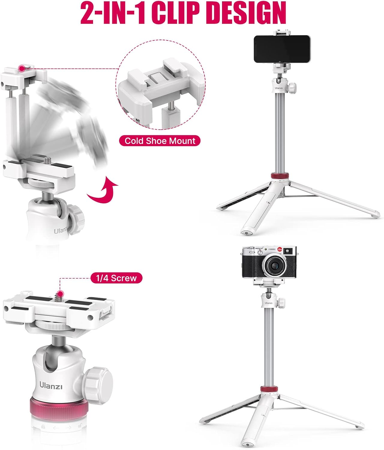 ULANZI MT-44 Extendable Phone Tripod, 59" Selfie Stick Portable Vlog Tripod Stand with 2 in 1 Phone Clip 1/4" Screw, 360° Ball Head Camera Tripod for DJI Pocket Sony Canon Action Fujifilm, White