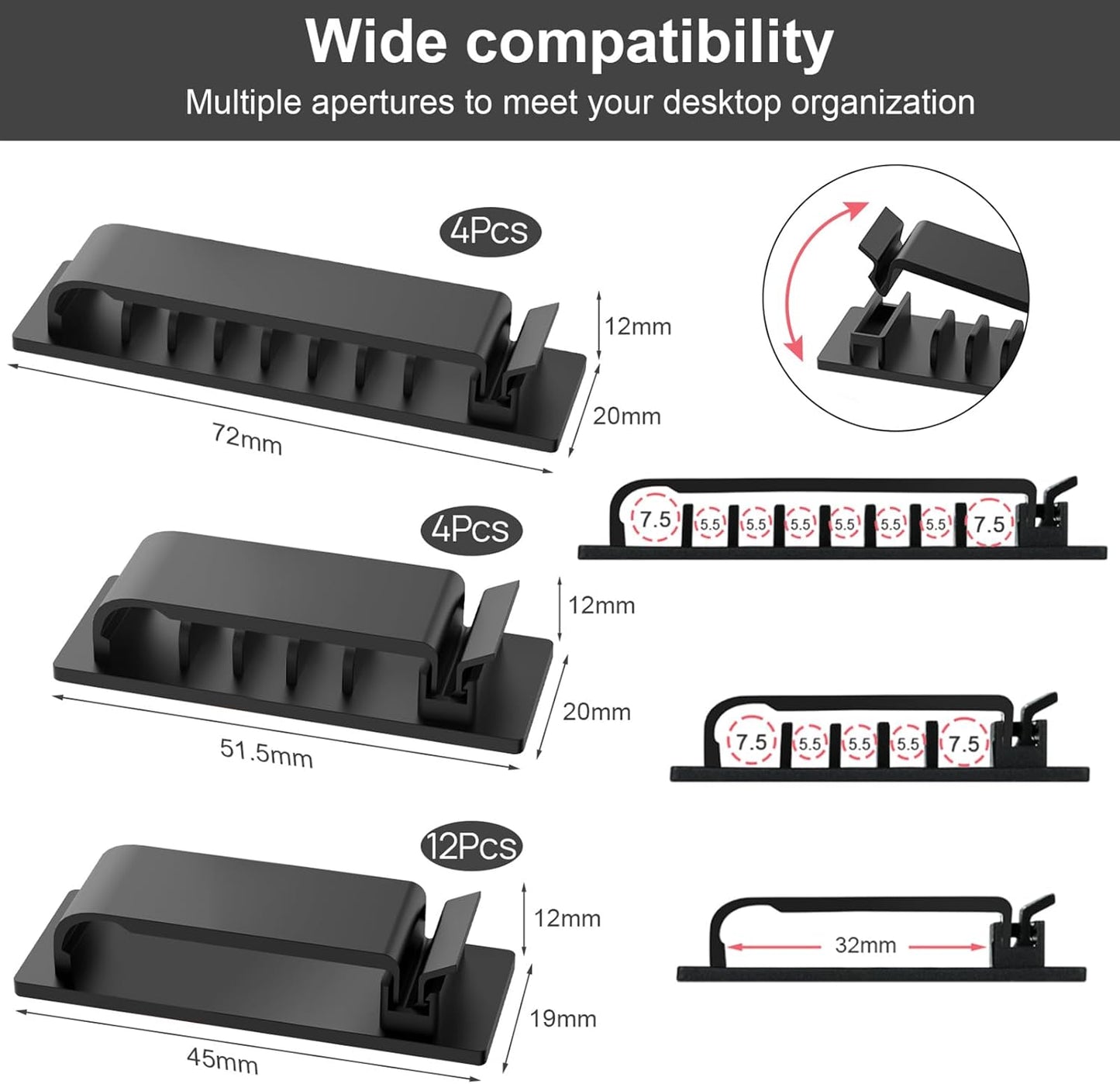 Cable Management Clips, 20Pcs Cord Organizers Wire Clips Cord Holder for TV PC Ethernet Cable Desk Home Office (Black)