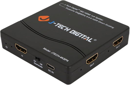 J-Tech Digital HDMI Splitter 4K 60Hz 1X4 Multi-Resolution Output (MRO) HDMI 2.0 Splitter Supports downscale HDR HDR10 / Dolby Vision 4K@60Hz 4:4:4 HDCP2.3 2.2 (JTECH-4KSP4)