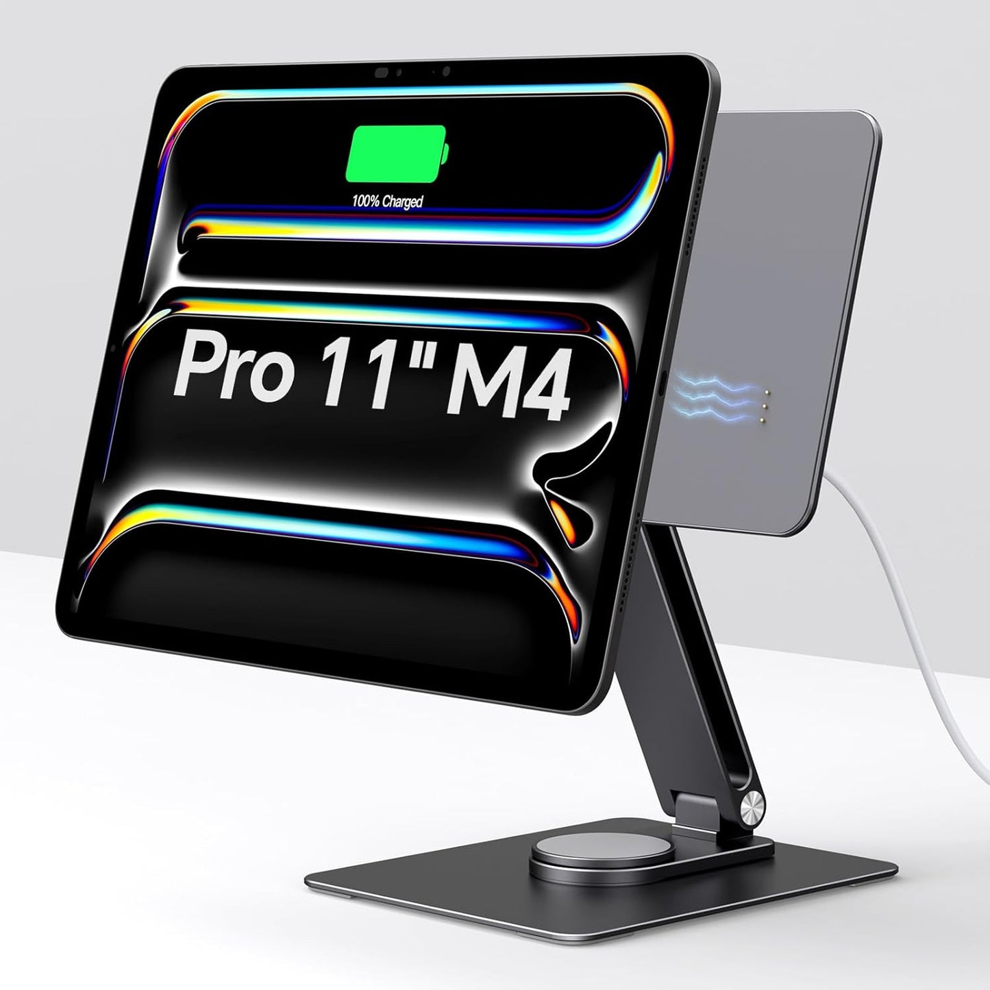 Magnetic iPad Pro M4 11-inch Stand with Wireless Charging 18W, 360° Rotating Aluminum Tablet Holder for iPad Pro M4 11-inch, Adjustable Desk Mount Series (M4-11inch)