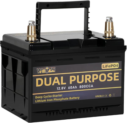 WEIZE 12V 60AH Dual Purpose LiFePO4 Lithium Battery, 800CCA Group 24 Group 34 Starting Battery Plus Deep Cycle Performance, Built-in Smart BMS, Perfect for Automotive, Trolling Motor, Marine, RV