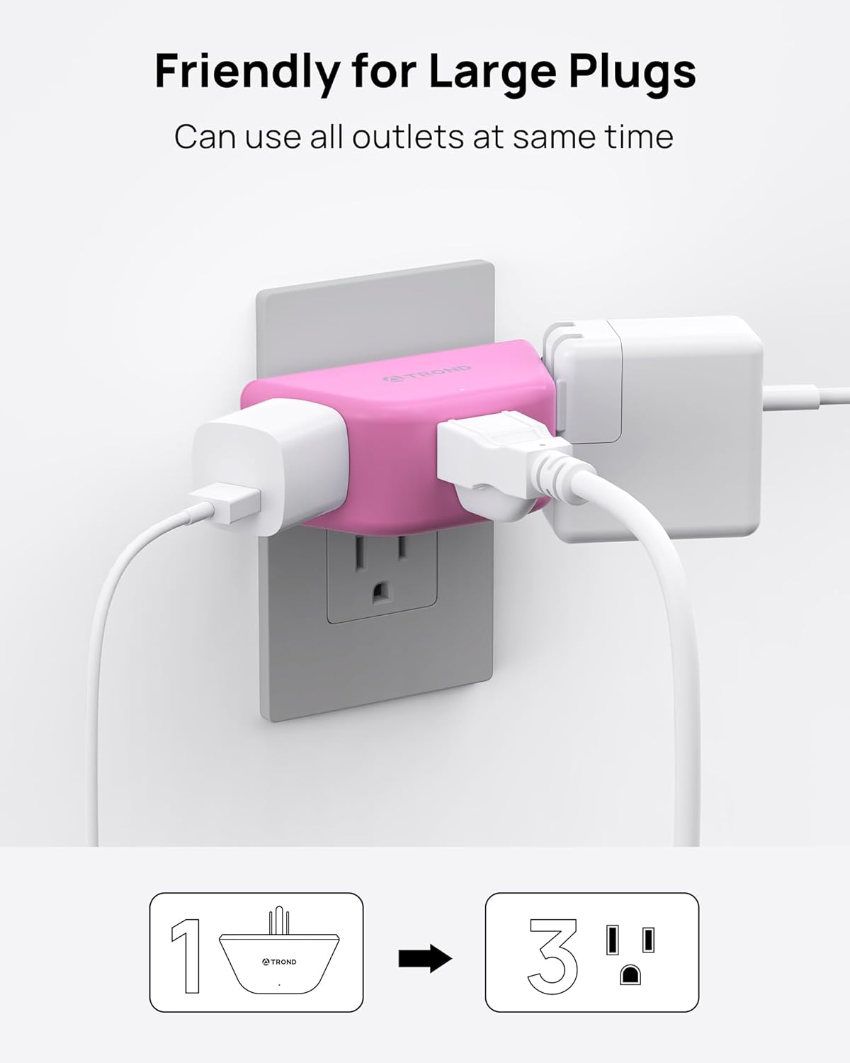 TROND Pink Outlet Extender - Multi Plug Outlet with 3-Prong Grounded Sockets, 3 Way Angled Plug Splitter, Compact and Practical Multiple Wall Expander for Home Travel Cruise Dorm Essentials