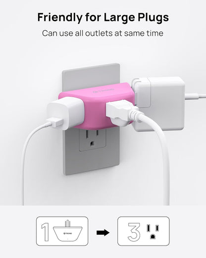 TROND Pink Outlet Extender - Multi Plug Outlet with 3-Prong Grounded Sockets, 3 Way Angled Plug Splitter, Compact and Practical Multiple Wall Expander for Home Travel Cruise Dorm Essentials