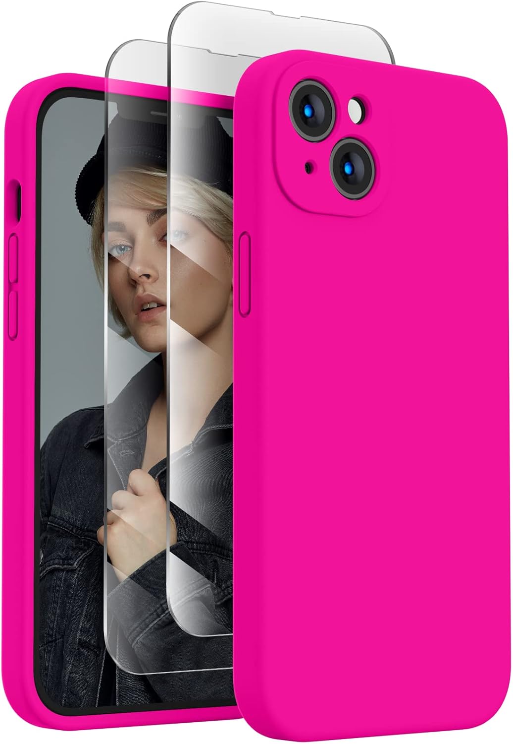 FireNova Designed for iPhone 14 Case, Silicone Upgraded [Camera Protection] Phone Case with [2 Screen Protectors], Soft Anti-Scratch Microfiber Lining Inside, 6.1 inch, Hot Pink