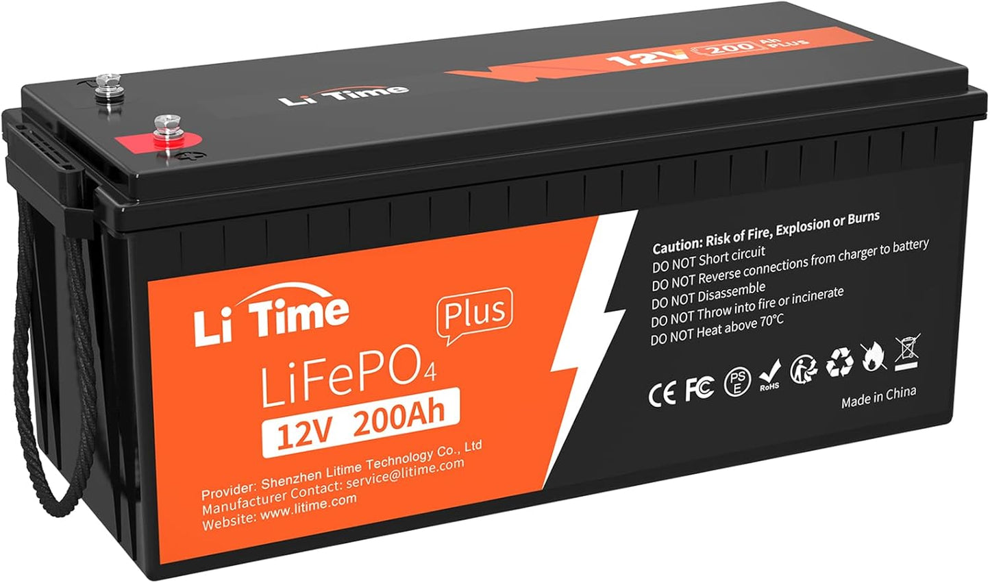 Litime 12V 200Ah Plus Lithium LiFePO4 Battery, Built-in 200A BMS, 4000+ Deep Cycles, Max 2560W Power Output, FCC&UL Certificates, 10-Year Lifetime, Perfect for RV, Solar, Marine, Off-Grid, etc.