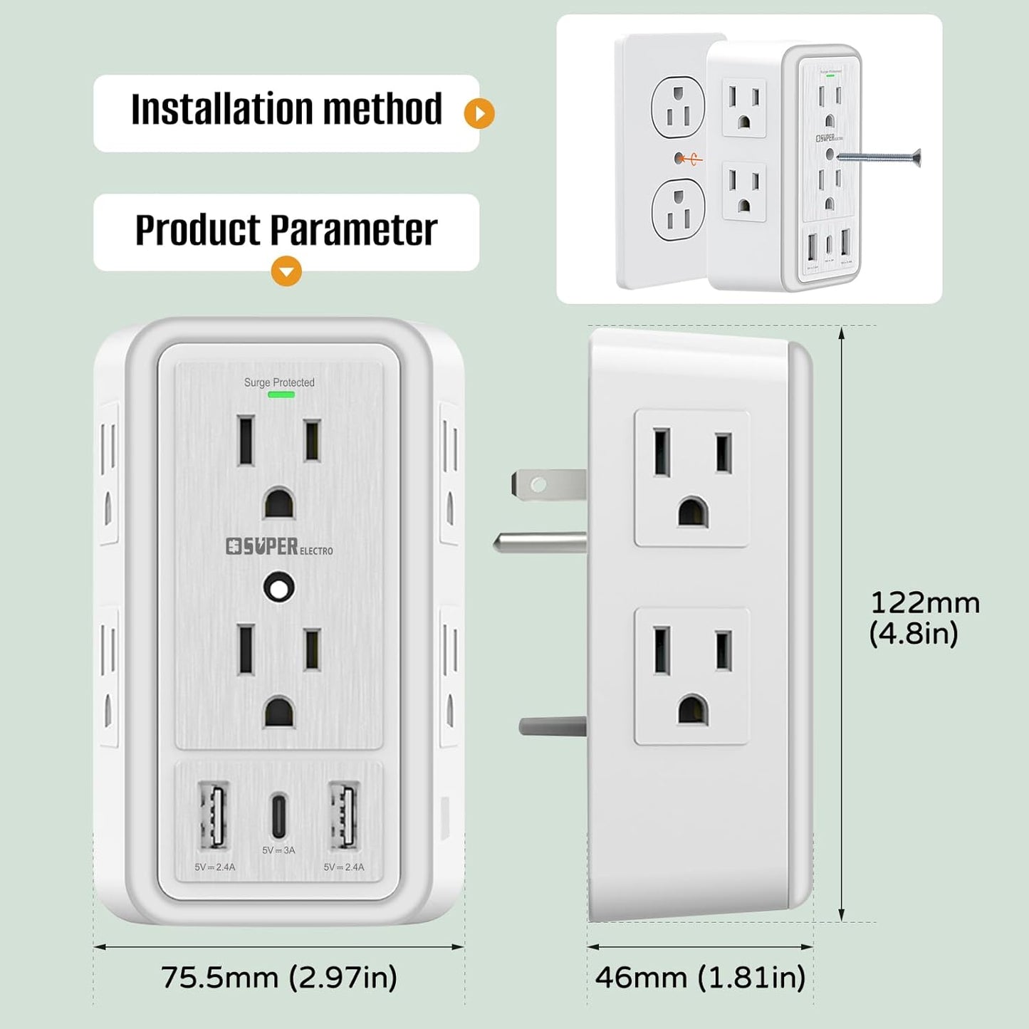 USB Wall Charger Surge Protector, Super Electro 6 Outlet Extender with 3 USB Charging Ports (5V 3.4A Total) and Night Light, 3-Sided 1500J Multi Plug Wall Outlet for Home, Office, ETL Listed