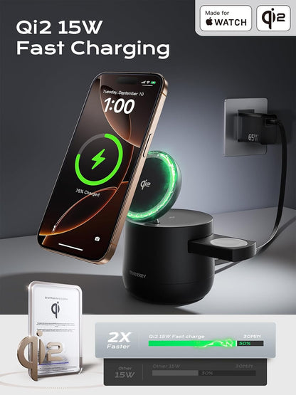 MFI Certified by Apple, 4 in 1 Magsafe Wireless Charging Station, Qi2 15W Magsafe Charger for iPhone 17/16/15/14/13/12 Series, iWatch, Airpods, iPad, 65W Charger Included (Black, 4 in 1)
