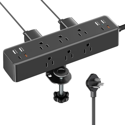 Flat Plug Desk Clamp Power Strip 15FT, 40W Total Fast Charging Station, Dual PD 20W USB C Ports, Desk Edge Mount Power Strip 9 AC Outlets 8 USB Ports(4 USB C) Surge Protector, Fit 1.7" Tabletop Edge