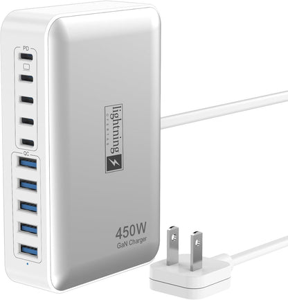 USB C Charger Hub 450W, 10 Ports Charging Station for Multiple Devices, Type C Port 140W Max for Laptops Super Fast Charging, GaN Tech Charging Blocks Comapct Design, Ultra Slim Flat Plug