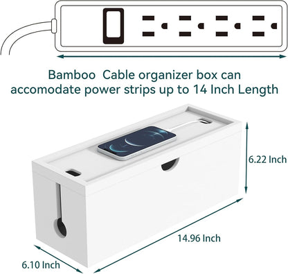 Bamboo Cable Management Box, Large Cord Organizer Box Cable Box to Hide Wires & Power Strips for Desktop Storage Cord Holder for Office Home,No Assembley Required (All White, Large)