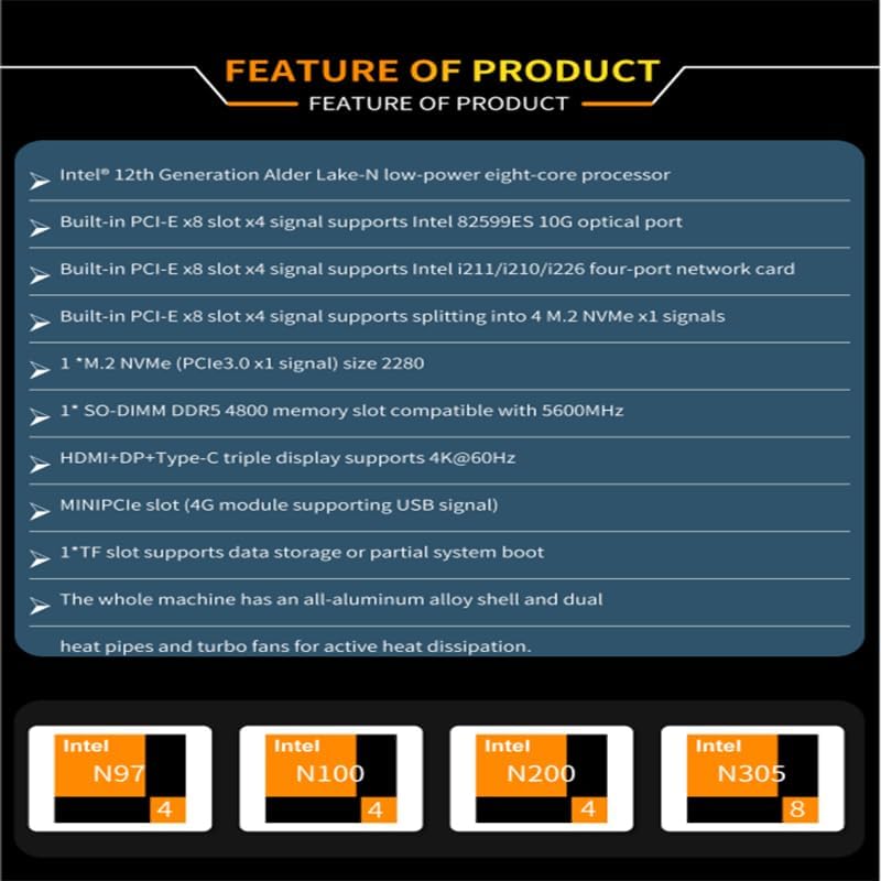CWWK Intel Alder Lake N100(4C/4T Up to 3.4GHz)/N305(8C/8T Up to 3.8GHz) Dual SFP+10GbE Mini PC|4xIntel I226-V 2.5GbE |DDR5 Memory|PCI-E x4|HDMI+DP+Type-C (10 Gigabit N305, 16G RAM 512G SSD)