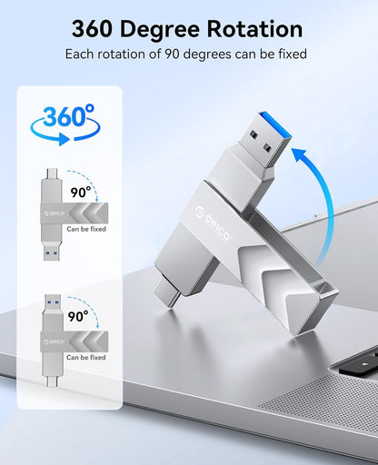 ORICO 2TB Portable Solid State Drive, 1050MB/s Dual-Port Rotating Metal External SSD with 90° Click-Stop, Reliable Storage for iPhone 16, 15 Series, Type-C Smartphone, Mac, Audio, Vehicle - A101