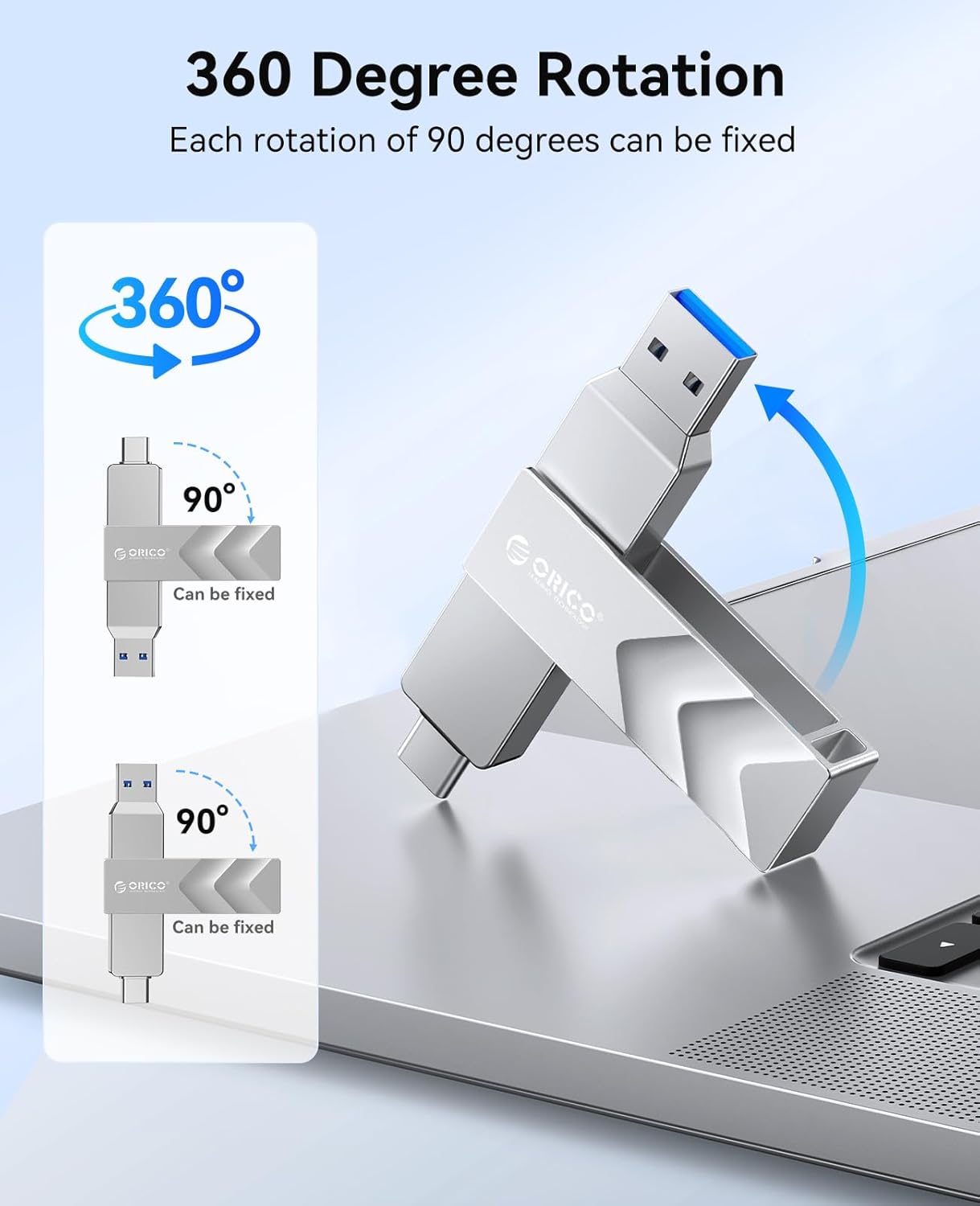 ORICO 512GB Portable Solid State Drive, 1050MB/s Dual-Port Rotating Metal External SSD with 90° Click-Stop, Reliable Storage for iPhone 16, 15 Series, Type-C Smartphone, Mac, Audio, Vehicle - A101