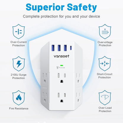 Outlet Extender, Vansoet 6 Outlet Splitter with 4 USB Ports(1 USB C PD 20W), 2100J Surge Protector Power Strip, 3 Side Multi Plug Outlet for Travel, Home, Office, Dorm