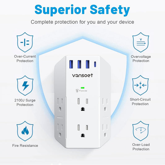 Outlet Extender, Vansoet 6 Outlet Splitter with 4 USB Ports(1 USB C PD 20W), 2100J Surge Protector Power Strip, 3 Side Multi Plug Outlet for Travel, Home, Office, Dorm