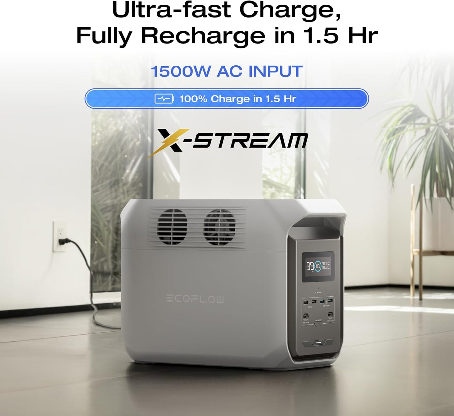 EF ECOFLOW Portable Power Station DELTA 3 1500, 1536Wh LiFePO4 Battery Power Station, 6X1800W (X-Boost 2200W) AC Outputs, Ultra-Quiet Solar Generator, Fast Charging for Home Backup Use, Camping & RVs